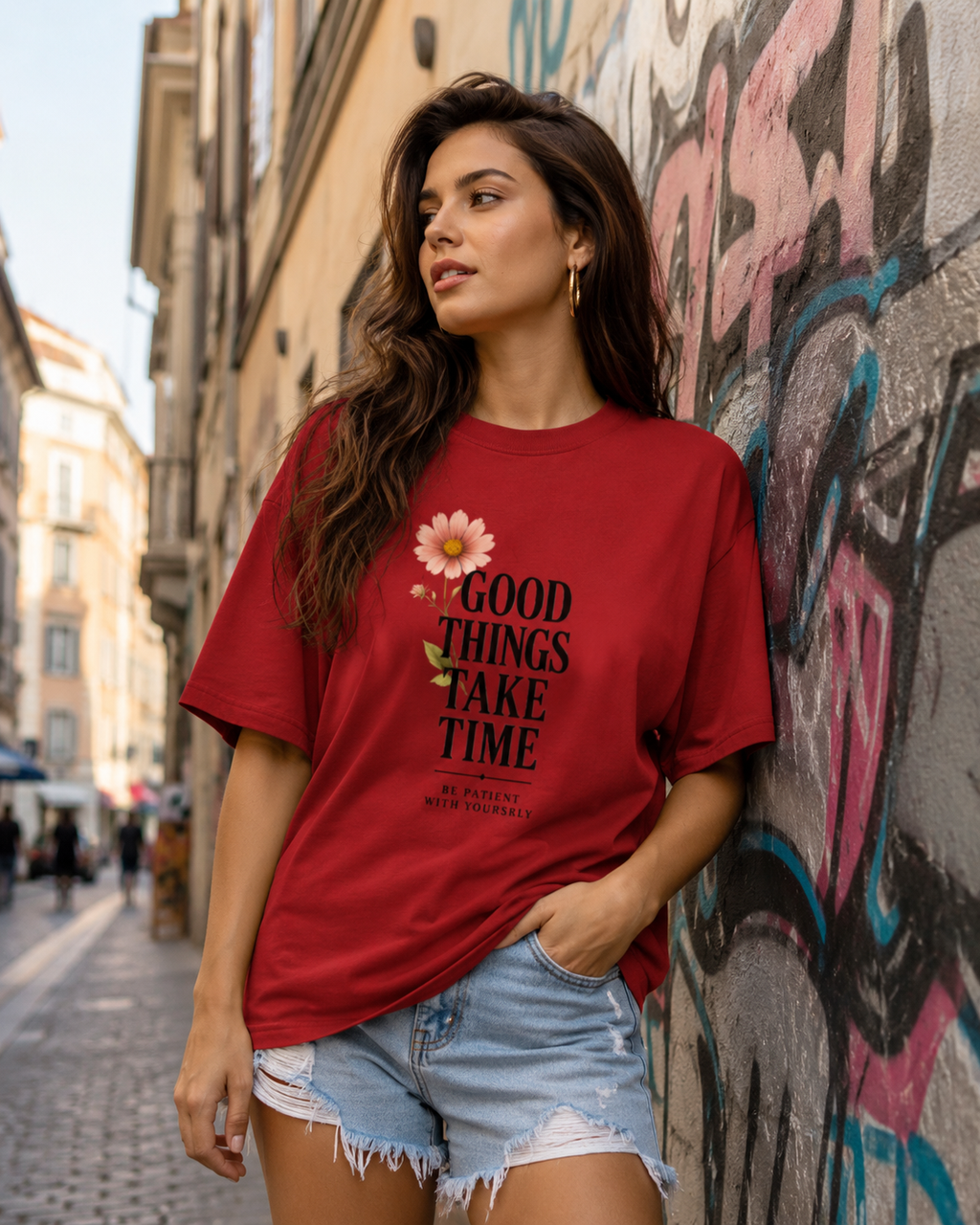 RIVANO Good Things Take Time Tee | Premium Floral Typography T-Shirt
