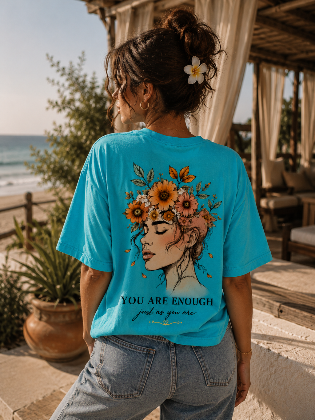 RIVANO You Are Enough Tee – Ocean Blue | Premium Floral Portrait Graphic T-Shirt