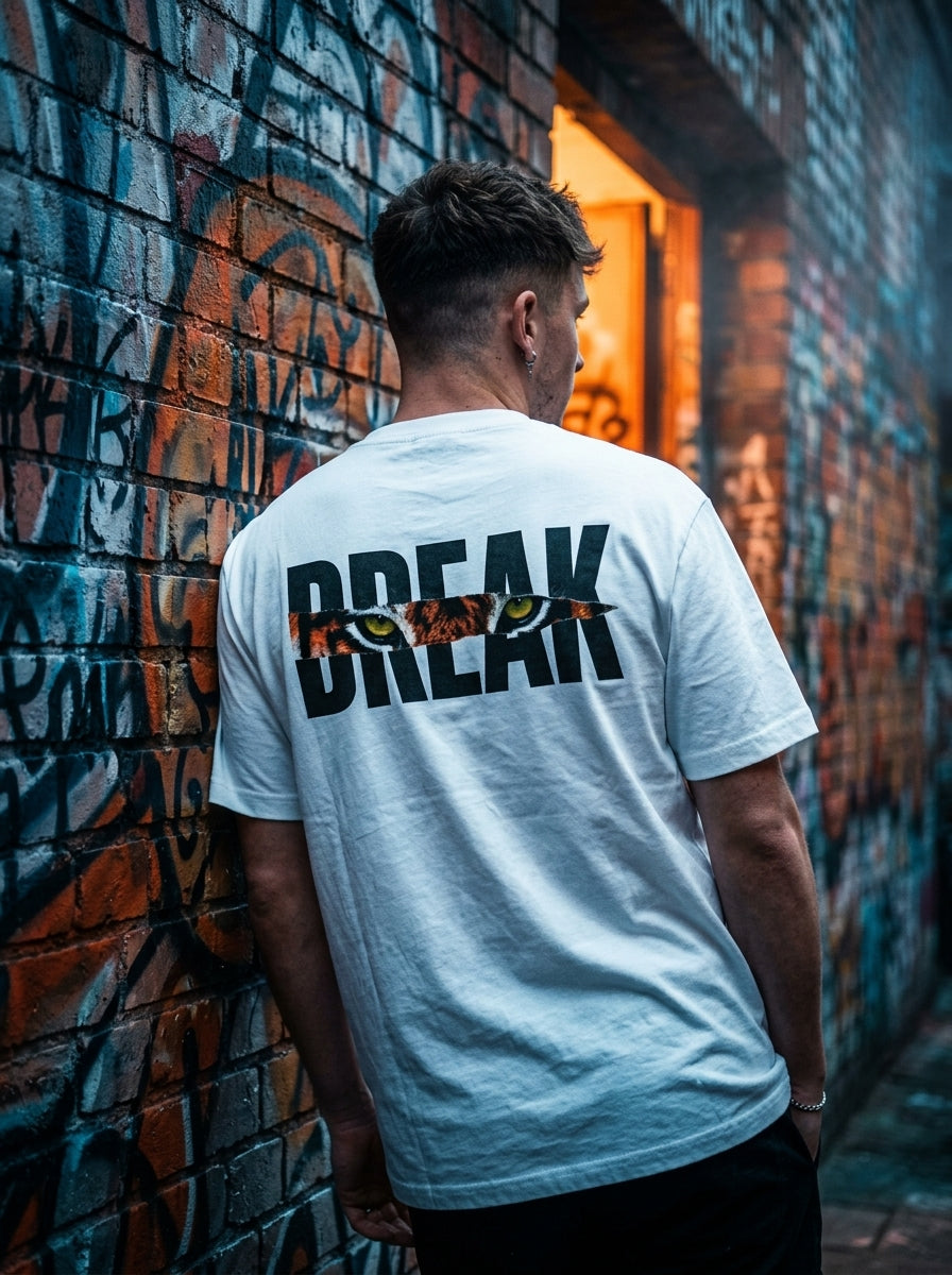 RIVANO Break Limits Tee – White | Premium Tiger Graphic T-Shirt