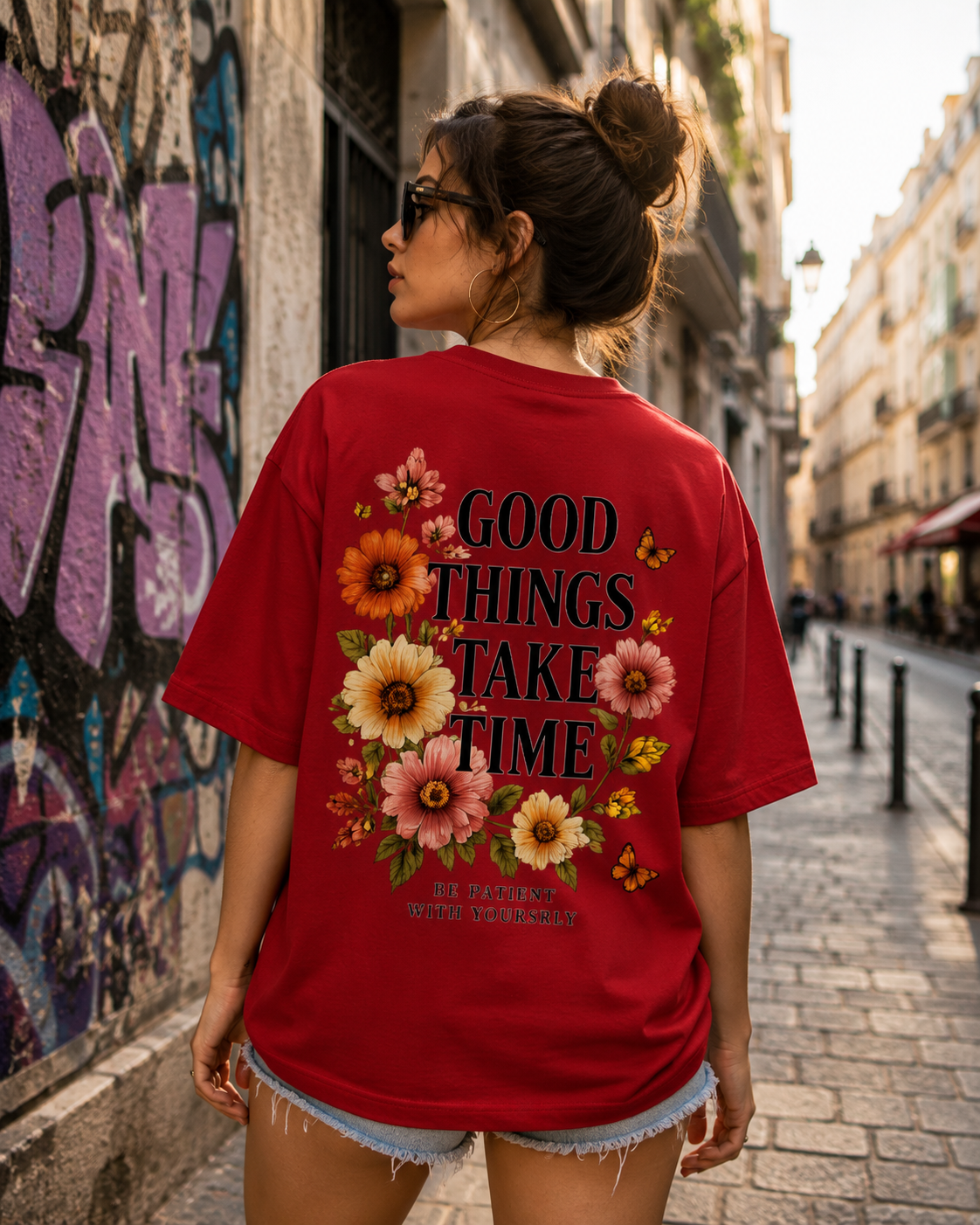 RIVANO Good Things Take Time Tee | Premium Floral Typography T-Shirt