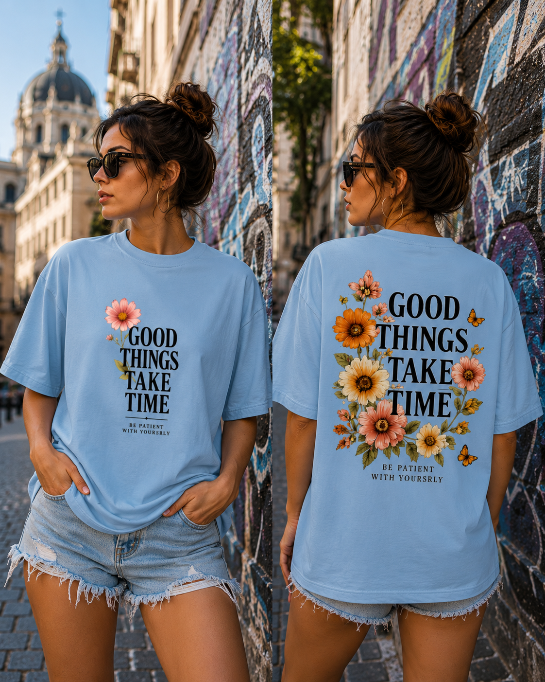 RIVANO Good Things Take Time Tee | Premium Floral Typography T-Shirt