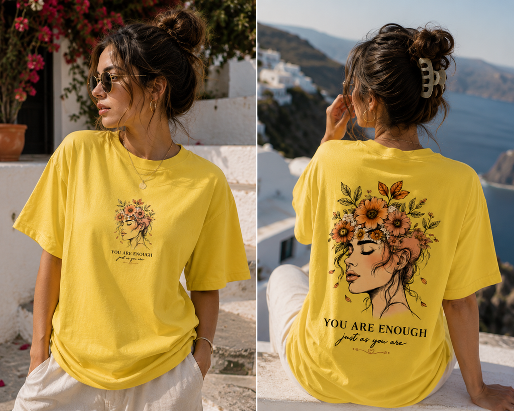 RIVANO You Are Enough Tee – Ocean Blue | Premium Floral Portrait Graphic T-Shirt