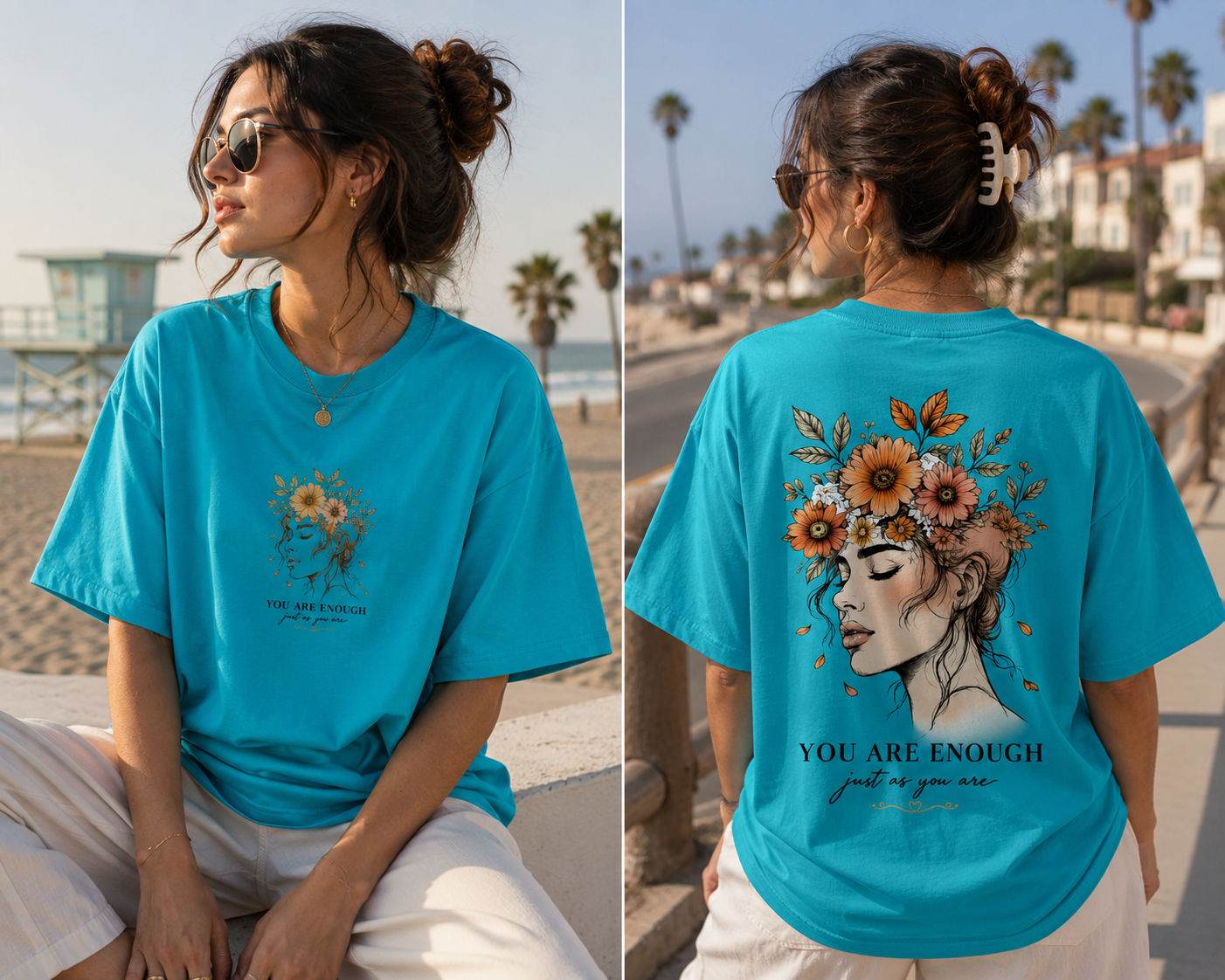 RIVANO You Are Enough Tee – Ocean Blue | Premium Floral Portrait Graphic T-Shirt