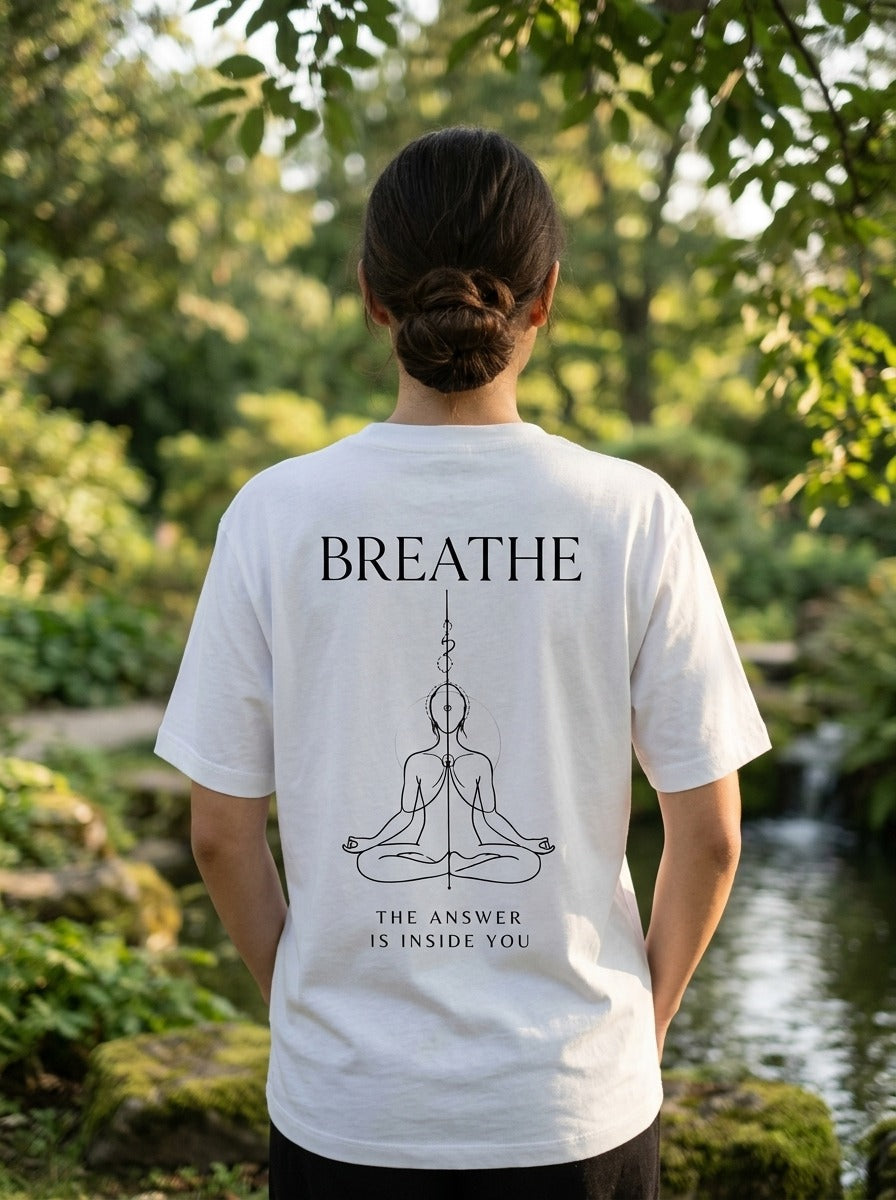 RIVANO Breathe Tee – White | Premium Mindfulness Graphic T-Shirt